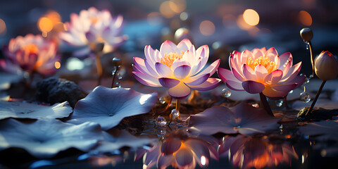 Pink lotus floating on pond at night - obrazy, fototapety, plakaty