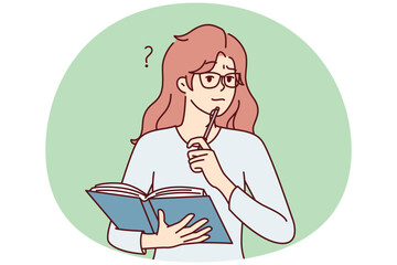 Thoughtful woman with open textbook puts pen to chin remembering correct answer to questions. Perplexed girl student casual t-shirt stands with book to prepare for exams. Flat vector illustration