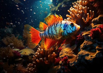 Fototapeta na wymiar A vibrant tropical fish with a kaleidoscope of colors swims playfully in the ocean. Generative AI.