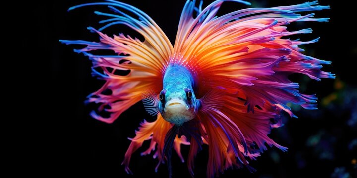 A colorful fish with bright blue and orange feathers. Generative AI.