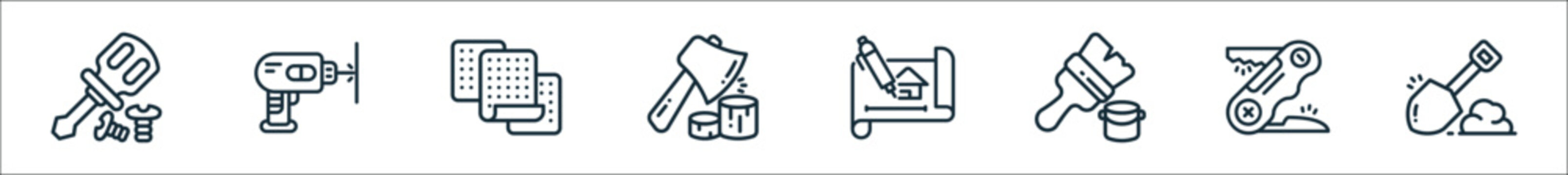 outline set of toolbox line icons. linear vector icons such as screwdriver, drill, sandpaper, axe, blueprint, paint brush, pocket knife, spade
