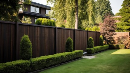Fototapeta na wymiar Garden Harmony: Vertical sections of brown metal profile fence adorned with live plantings-green thuja, bushes, and a well-maintained lawn.