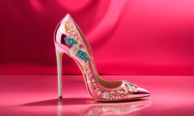 Beautiful shoes decorated with rhinestones. Selective focus.