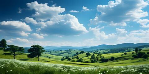 Fototapeta na wymiar Landscape of green field under blue sky with clouds
