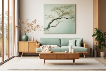 A well-furnished living room filled with a variety of furniture pieces and adorned with a large painting on the wall.