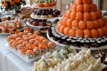 A variety of sushi and other appetizers are displayed on a buffet table.