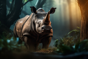 World Wildlife Day. Group of wild animals on nature background. Rhinoceros
