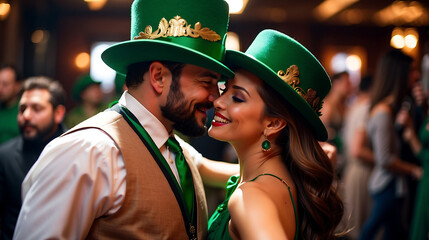 st. patrick's day, green, luck, shamrock, holidays, beer, bar, couple, people, smiling, friends, restaurant, drinking, lifestyle, party, fun, alcohol, happiness, pub, talking, together, glass