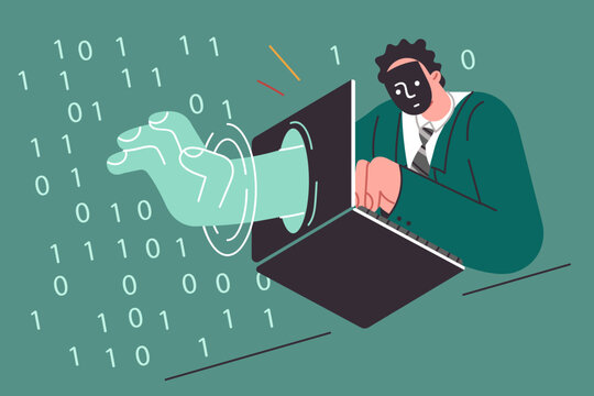 Man hacker penetrates protected space by sticking hand through laptop and stealing confidential data