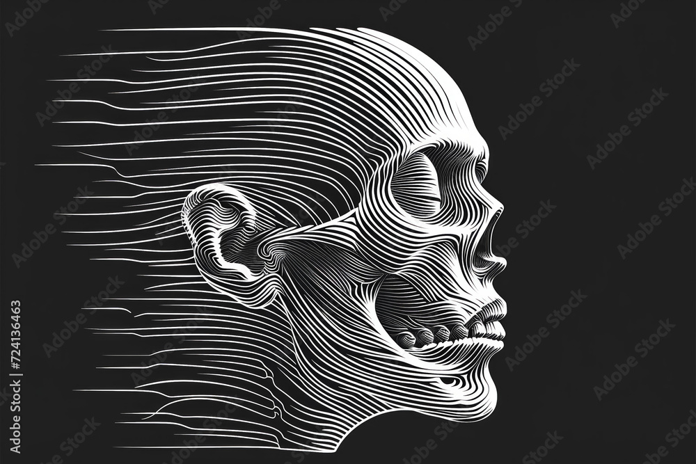 Poster abstract graphic skull head on dark in motion. background for design with selective focus and copy s