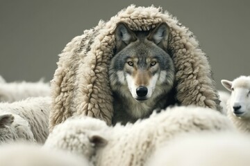 Wolf in sheep's clothing, abstract metaphor. Background with selective focus and copy space