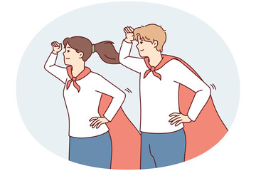 Guy and girl in superhero capes look into distance with their hands to their foreheads. Young man and woman in superhero uniforms for charity or volunteer organizations metaphor. Flat vector image
