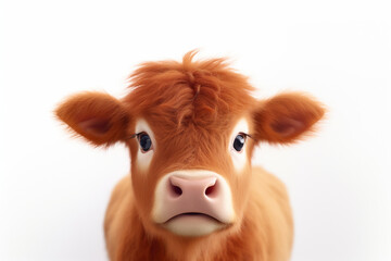 Adorable 3D cartoon red angus cattle close-up portrait on a white background.
