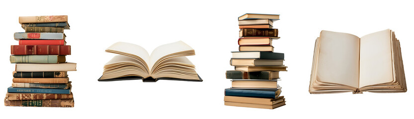 Collection of Books: Blank Opened Book, Heap of Books, Isolated on Transparent Background, PNG - obrazy, fototapety, plakaty
