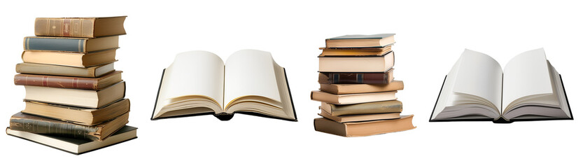Series of Books: Unfilled Opened Book, Pile of Literature, Isolated on Transparent Background, PNG - obrazy, fototapety, plakaty