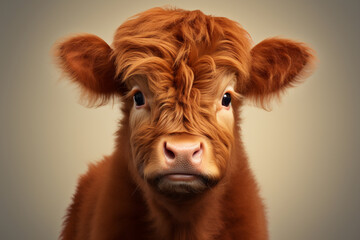 Adorable 3D cartoon red angus cattle close-up portrait on a light yellow background.