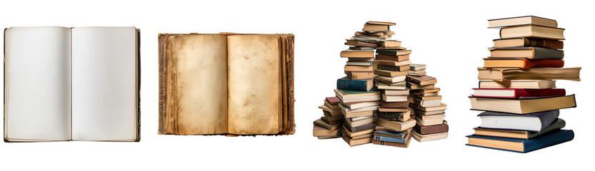 Set of Volumes: Unwritten Opened Book, Stack of Volumes, Isolated on Transparent Background, PNG