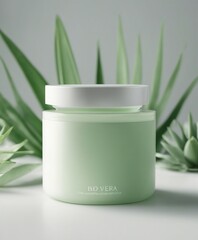 empty cosmetic cream container and near the decorative aloe vera plant in white color, isolated light green background
