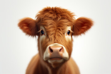 Adorable 3D cartoon red angus cattle close-up portrait on a white background.