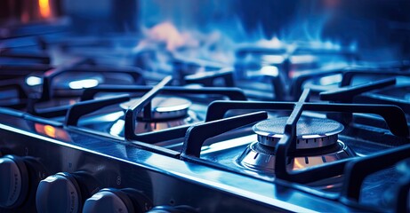 A close up photograph of a gas stove showing blue flames burning brightly.