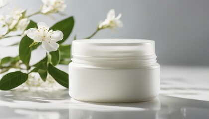 empty cosmetic cream container and near the decorative jasmine flower plant in white color,...
