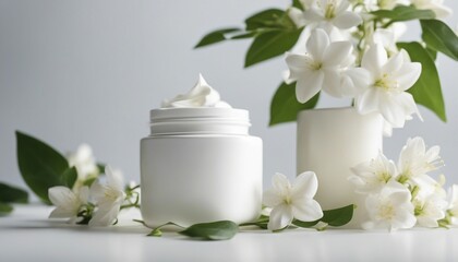 empty cosmetic cream container and near the decorative jasmine flower plant in white color,...