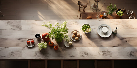 Wooden counter in kitchen in daylight