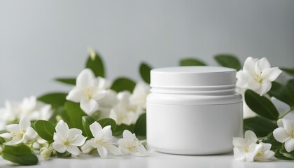 Obraz na płótnie Canvas empty cosmetic cream container and near the decorative jasmine flower plant in white color, isolated white background 