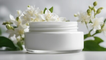 Obraz na płótnie Canvas empty cosmetic cream container and near the decorative jasmine flower plant in white color, isolated white background 