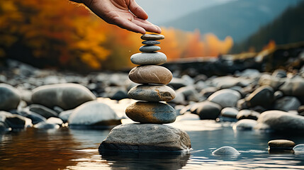 Witness the meditative artistry as a mans hand skillfully places stones one atop the other - obrazy, fototapety, plakaty