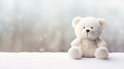 Closeup of a smiling white teddy bear on a light background.