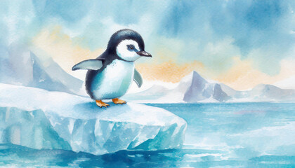 Fototapeta premium A flat illustration with a baby penguin on an iceberg. The concept of wildlife