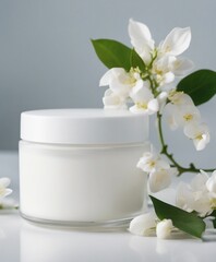 empty cosmetic cream container and near the decorative jasmine flower plant in white color, isolated white background
