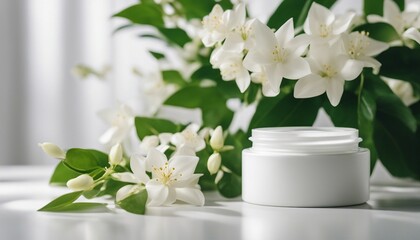 Naklejka na ściany i meble empty cosmetic cream container and near the decorative jasmine flower plant in white color, isolated white background 