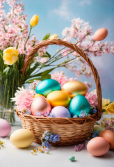 Basket with Easter eggs. Selective focus.