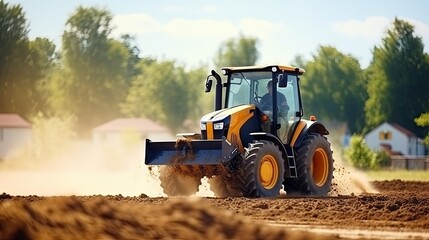Obraz premium Site Preparation: A skid steer loader in action, clearing the site for construction.