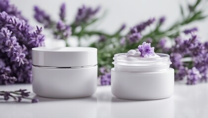 empty cosmetic cream container and near the decorative lavender flower plant in white color, isolate white background
