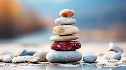 Experience the art of balance with rocks delicately stacked atop one another on moss covered stones.
