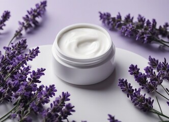 Obraz na płótnie Canvas empty cosmetic cream container and near the decorative lavender flower plant in white color, isolate white background 