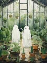 A detailed painting depicting two ghostly figures haunting a greenhouse filled with plants.