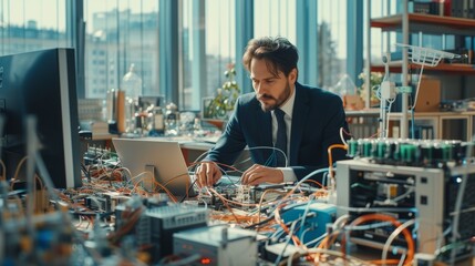 Male scientist works on developing new computer hardware in modern laboratory full of advanced technology