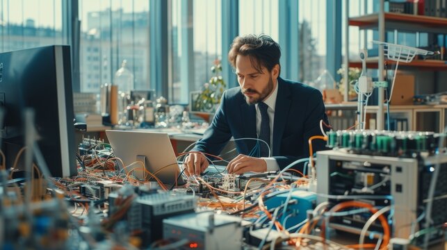 Male scientist works on developing new computer hardware in modern laboratory full of advanced technology
