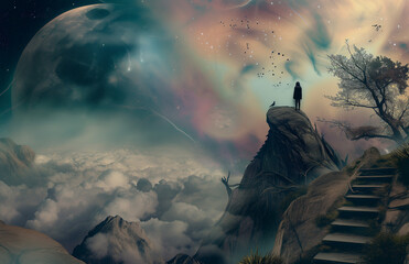 cosmic landscape with planets and nebulas in a massive sky with a person looking up at the grand sky in wonderment