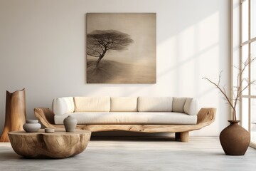 A well-furnished living room with various pieces of furniture and an art painting displayed on the wall.