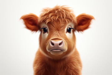 Adorable 3D cartoon red angus cattle close-up portrait on a white background.