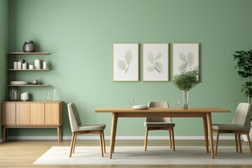 A spacious dining room featuring green walls and a sturdy wooden table with chairs.