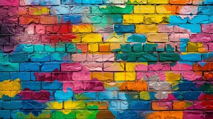 full-frame image of a colorful, graffiti-covered brick wall, with each brick layered in a spectrum of vivid hues