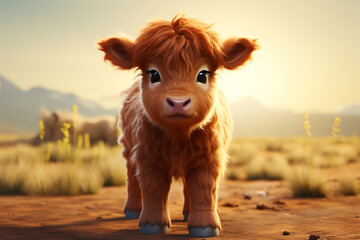 Adorable 3D cartoon red angus cattle portrait in a natural setting