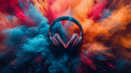 Headphones surrounded by clouds of vivid color powder, creating a dynamic scene