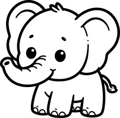 Elephant cartoon character line doodle black and white coloring page